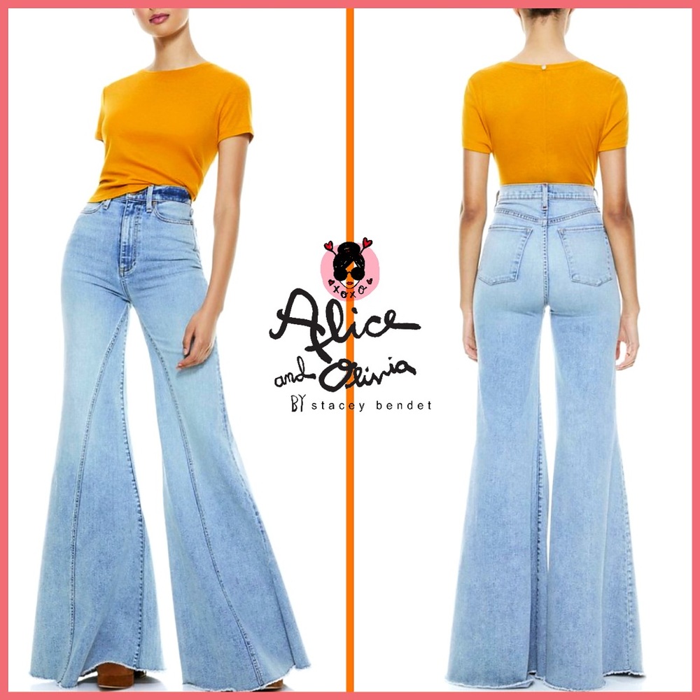 Alice + Olivia Beautiful High Rise Wide Leg Front Seamed Bell Jeans Pant - Picture 3 of 16